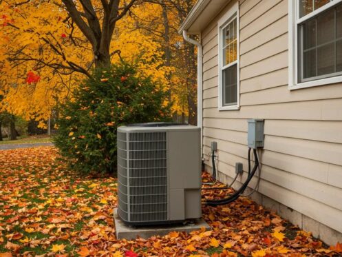 Fall HVAC Maintenance Checklist 1 Cozy autumn scene with a well-maintained HVAC system surrounded by colorful fall leaves