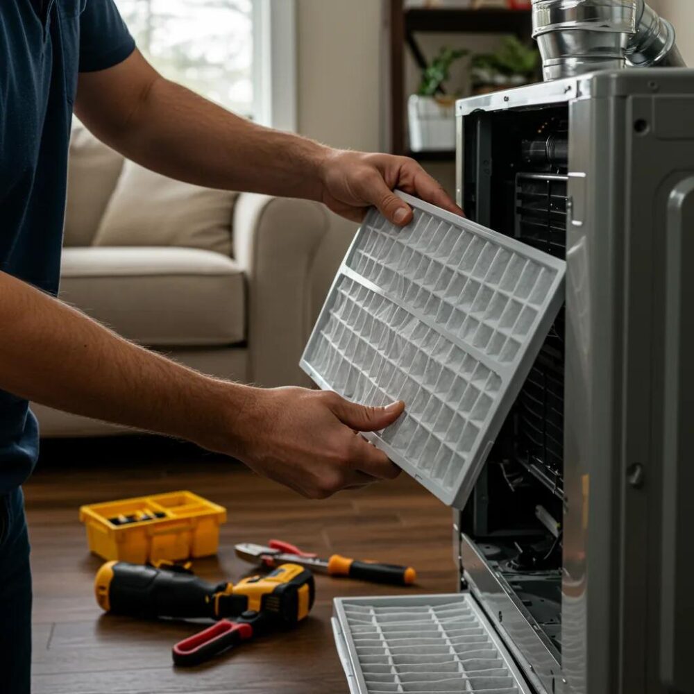 Fall HVAC Maintenance Checklist 2 Homeowner inspecting and replacing an air filter during fall HVAC maintenance