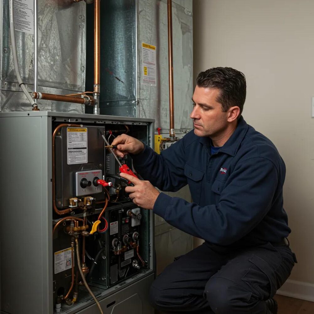 Fall HVAC Maintenance Checklist 3 HVAC technician inspecting a furnace during a professional fall tune-up